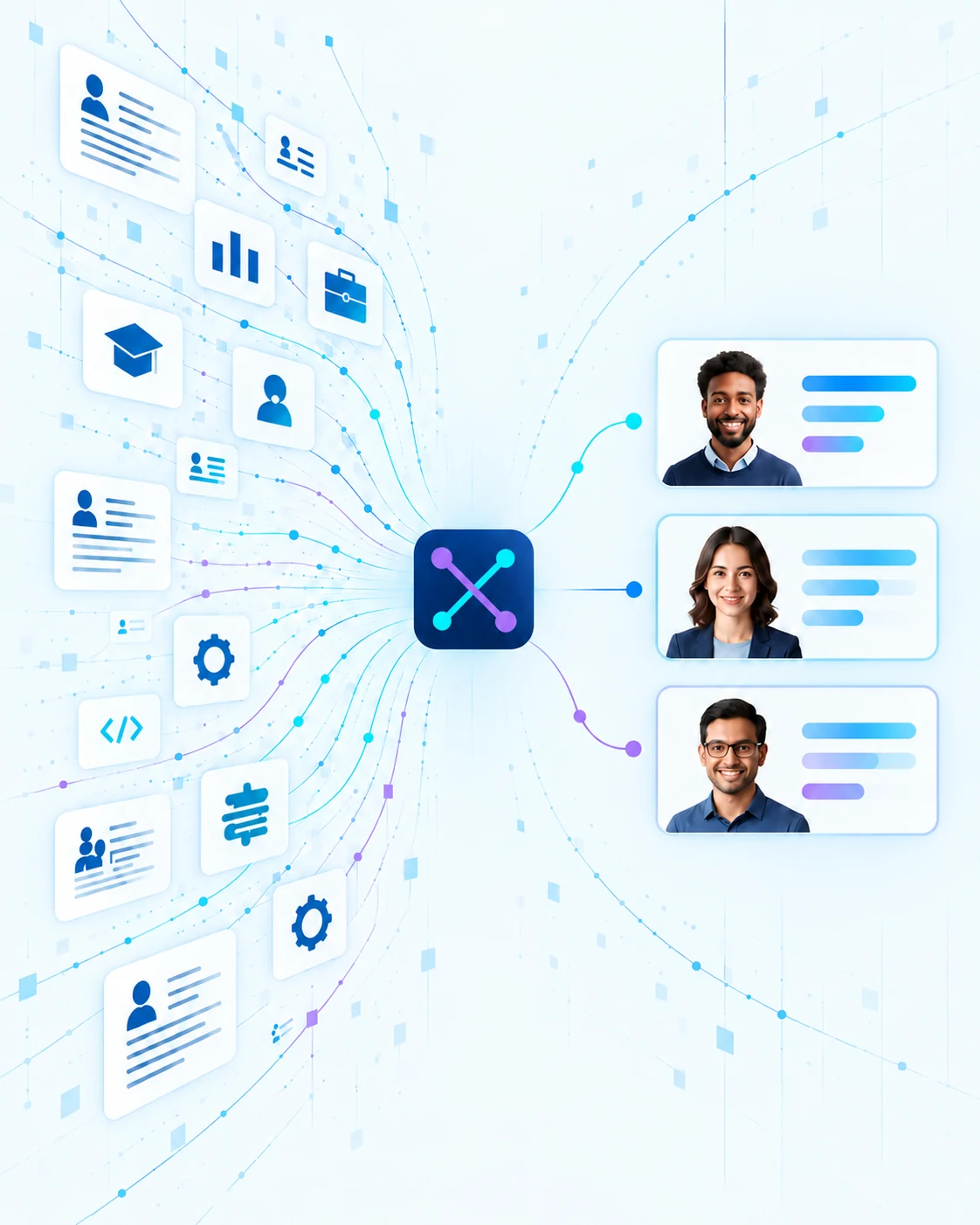 Illustration of skills, career experience and candidate information flowing through Isentix Intelligence into a prioritised shortlist